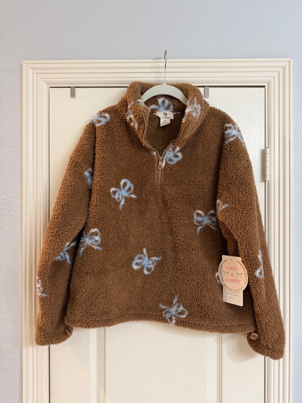 Women's Brown Teddy Pullover with Blue Butterfly Print - 1/4 Zip